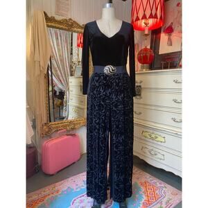vintage 1990s black burnout velvet jumpsuit wide leg chiffon cocktail 90s y2k